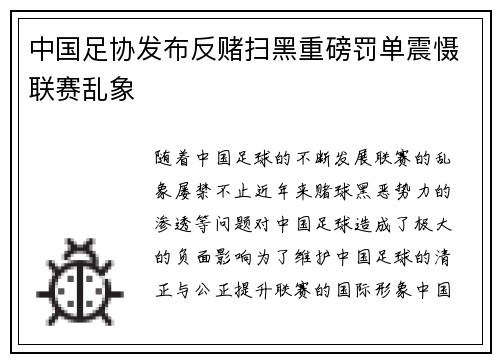 中国足协发布反赌扫黑重磅罚单震慑联赛乱象